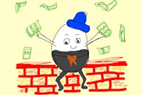 a cartoon egg with a hat and money on top of a brick wall